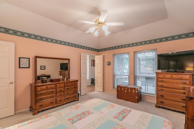 carpeted bedroom featuring baseboards and ceiling fan