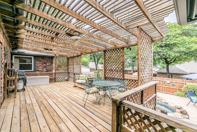 wooden terrace with a fenced backyard, a pergola, and outdoor dining space