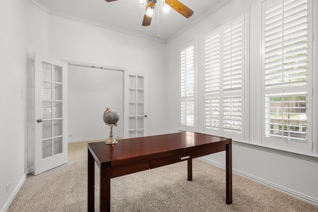 office with crown molding, ceiling fan, light carpet, and french doors