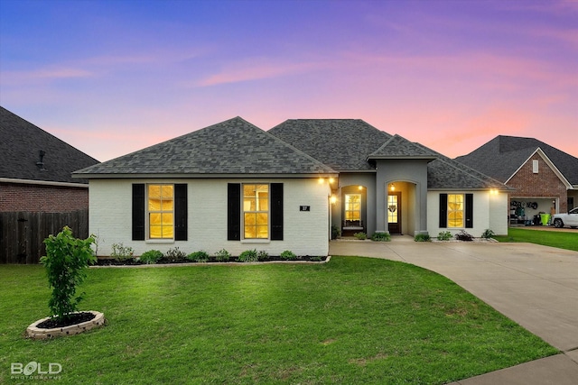 view of front of home with roof with shingles, fence, a lawn, and driveway