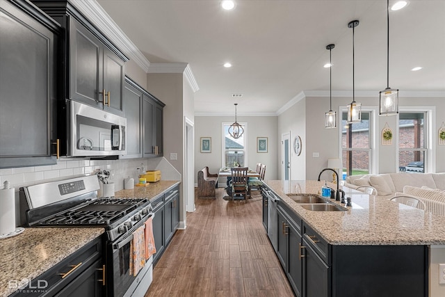 kitchen featuring wood finished floors, an island with sink, tasteful backsplash, a sink, and stainless steel appliances