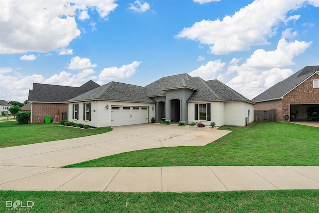 view of front of house with an attached garage, concrete driveway, brick siding, and a front yard