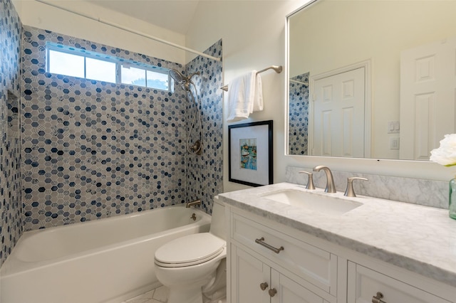 bathroom with toilet, tub / shower combination, and vanity