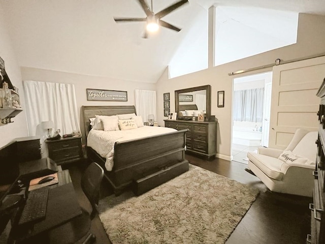 bedroom featuring high vaulted ceiling, baseboards, and a ceiling fan