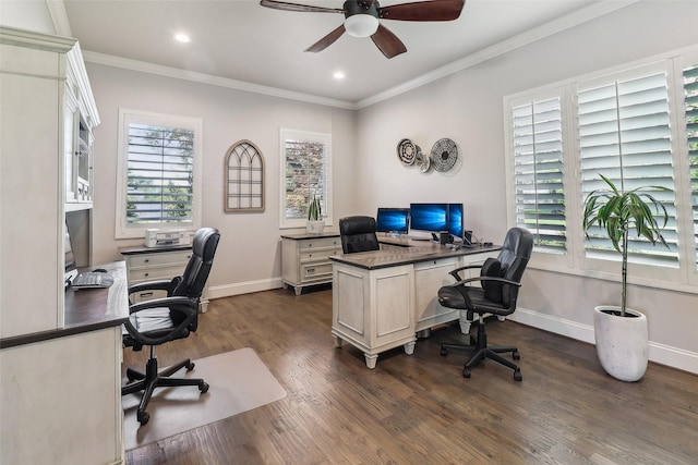 office space featuring dark wood-style flooring, ceiling fan, ornamental molding, and baseboards