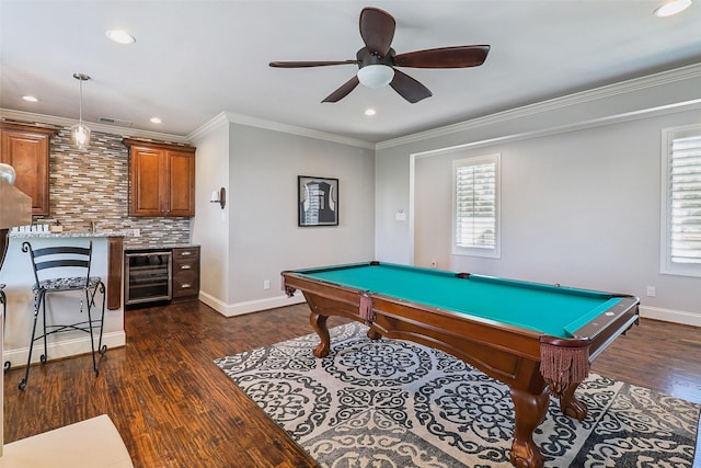 playroom with wine cooler, recessed lighting, ceiling fan, and dark wood finished floors