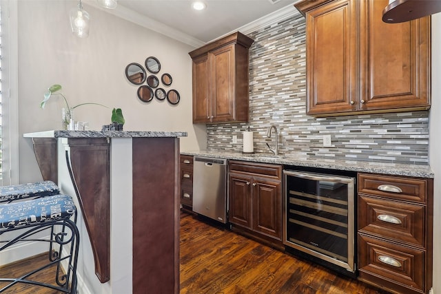 bar featuring a sink, dishwasher, beverage cooler, dark wood-type flooring, and ornamental molding