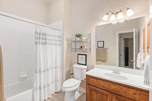 full bathroom with vanity, tile patterned flooring, shower / bath combination with curtain, and toilet