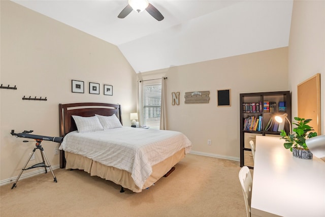 bedroom featuring baseboards, ceiling fan, vaulted ceiling, and light colored carpet