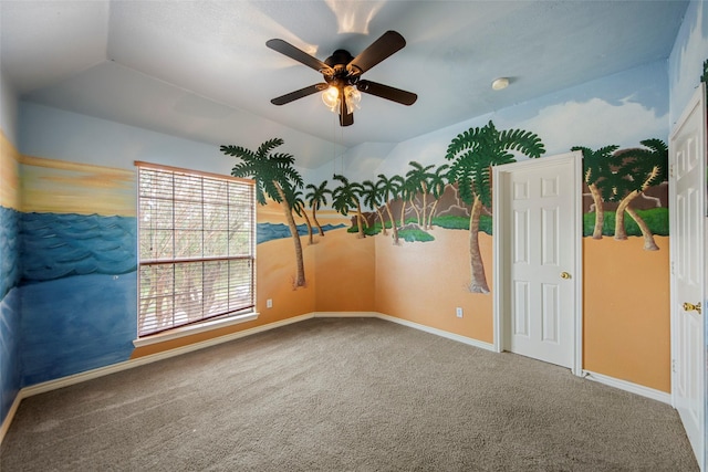 2806 Glenwick Ct, Richardson, TX 75082 - carpeted empty room with ceiling fan, vaulted ceiling, and baseboards