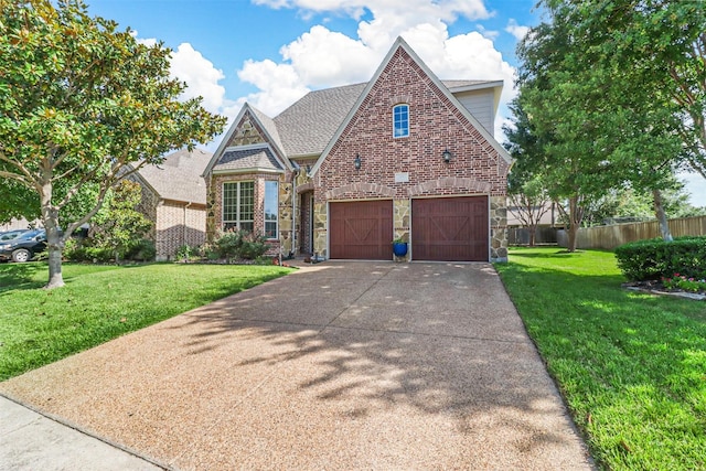 english style home featuring brick siding, fence, a front lawn, concrete driveway, and stone siding
