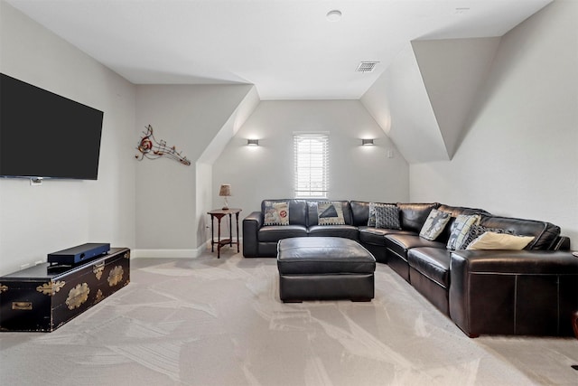living room featuring carpet floors, baseboards, and visible vents