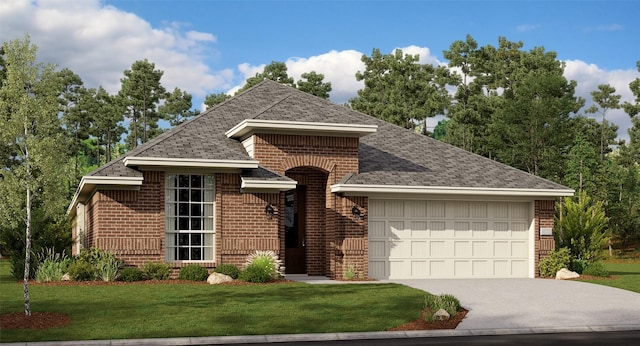 view of front facade with roof with shingles, an attached garage, a front yard, and brick siding