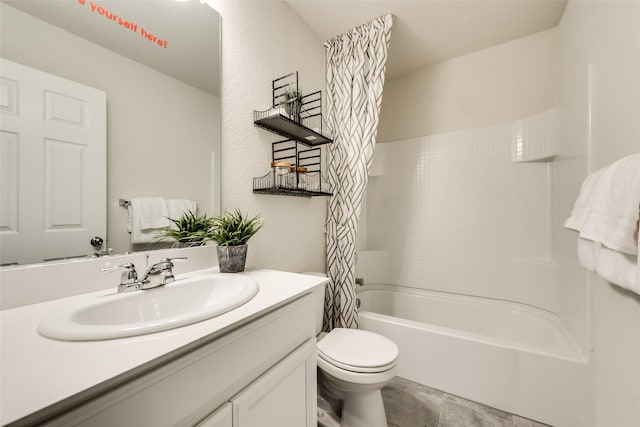 bathroom featuring toilet, shower / tub combo with curtain, and vanity