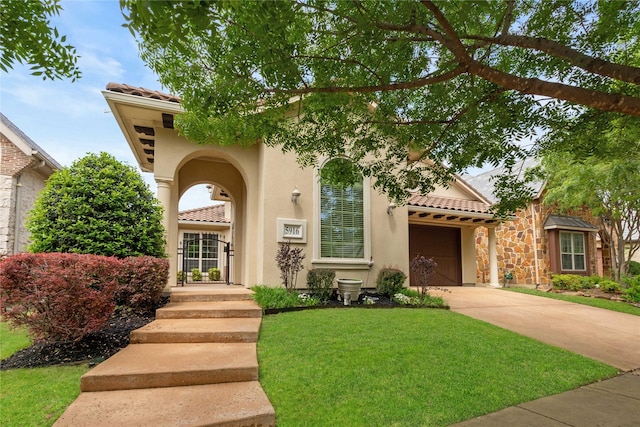5916 River Highlands Dr, Mckinney, TX 75070 - mediterranean / spanish home featuring stucco siding, a tiled roof, driveway, an attached garage, and a front lawn