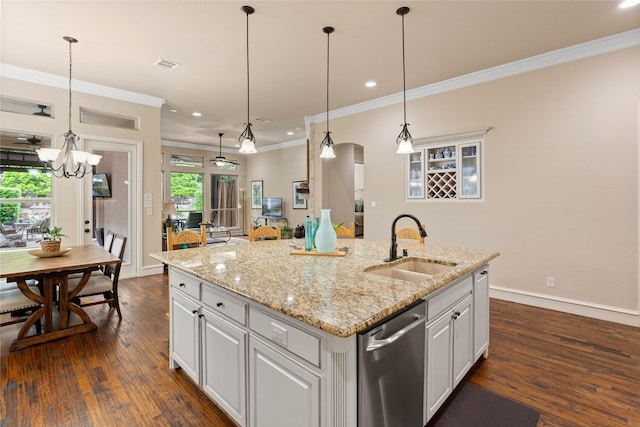 5916 River Highlands Dr, Mckinney, TX 75070 - kitchen featuring a sink, dark wood-type flooring, ornamental molding, dishwasher, and baseboards