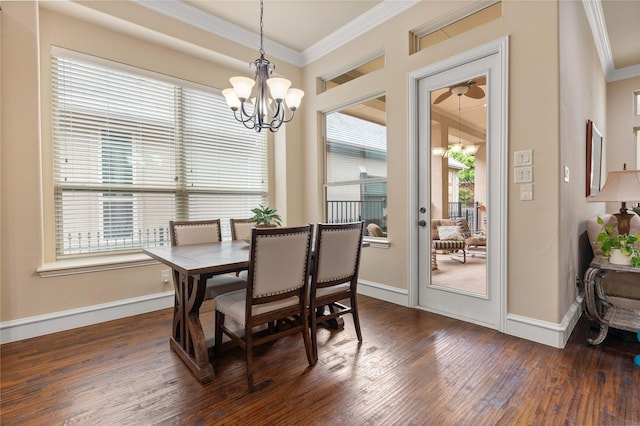 5916 River Highlands Dr, Mckinney, TX 75070 - dining area featuring crown molding, healthy amount of natural light, wood finished floors, a chandelier, and baseboards