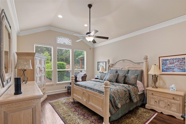 5916 River Highlands Dr, Mckinney, TX 75070 - bedroom with lofted ceiling, dark wood finished floors, ornamental molding, ceiling fan, and recessed lighting