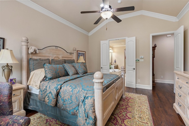 5916 River Highlands Dr, Mckinney, TX 75070 - bedroom featuring vaulted ceiling, dark wood finished floors, crown molding, baseboards, and a ceiling fan