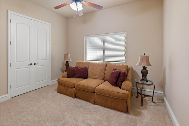 5916 River Highlands Dr, Mckinney, TX 75070 - living area with carpet floors, ceiling fan, and baseboards