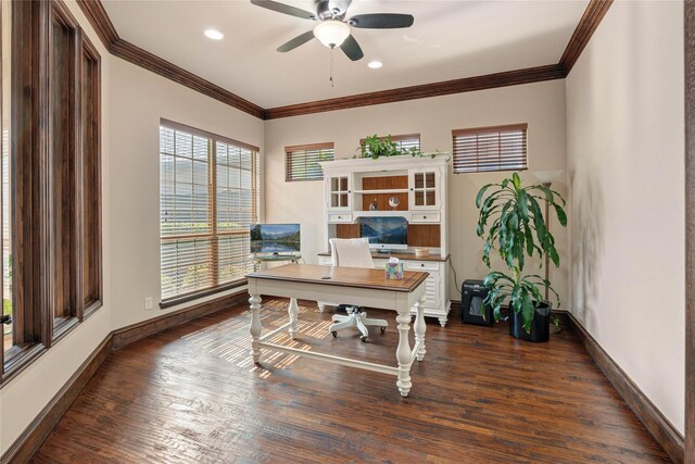 5916 River Highlands Dr, Mckinney, TX 75070 - office area with dark wood finished floors, crown molding, ceiling fan, baseboards, and recessed lighting