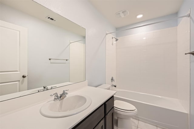 bathroom featuring visible vents, vanity, tile patterned floors, toilet, and  shower combination