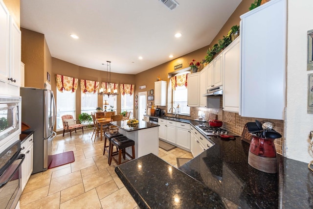kitchen featuring appliances with stainless steel finishes, a sink, decorative backsplash, under cabinet range hood, and visible vents