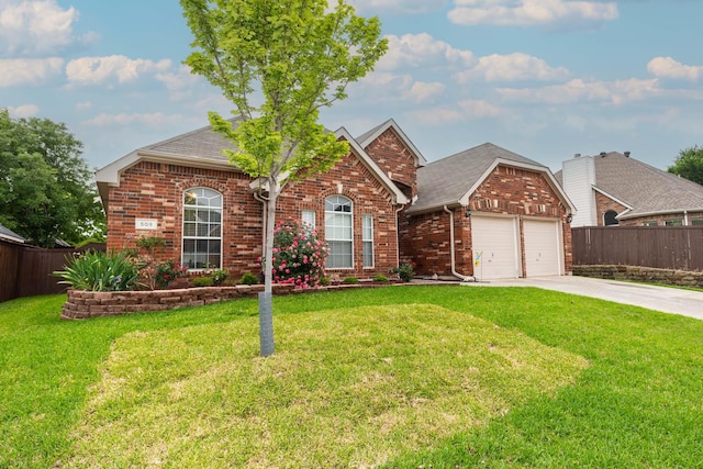 single story home featuring brick siding, an attached garage, fence, and concrete driveway