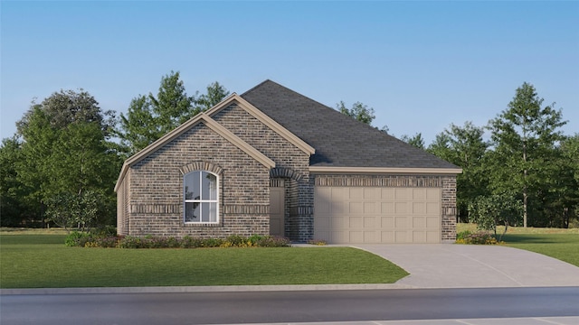 view of front of property featuring an attached garage, concrete driveway, a front lawn, and brick siding