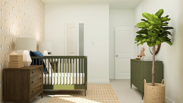bedroom with baseboards and light carpet