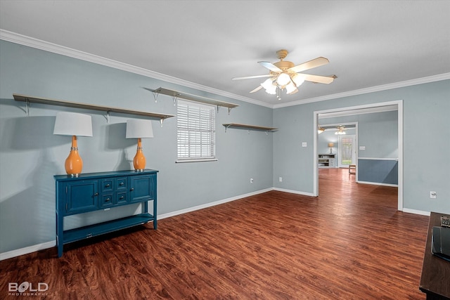 230 Peyton Colquitt Pl, Shreveport, LA 71115 - unfurnished living room featuring baseboards, ornamental molding, ceiling fan, and wood finished floors