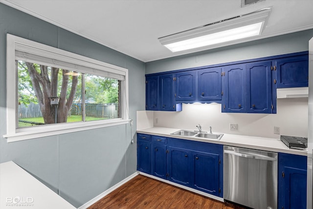 230 Peyton Colquitt Pl, Shreveport, LA 71115 - kitchen with stainless steel dishwasher, dark wood-style flooring, light countertops, a sink, and blue cabinetry