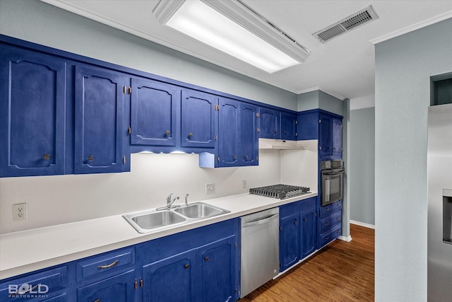 230 Peyton Colquitt Pl, Shreveport, LA 71115 - kitchen with visible vents, appliances with stainless steel finishes, dark wood finished floors, a sink, and under cabinet range hood