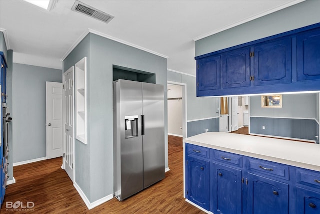 230 Peyton Colquitt Pl, Shreveport, LA 71115 - kitchen with light countertops, dark wood finished floors, stainless steel refrigerator with ice dispenser, visible vents, and blue cabinets