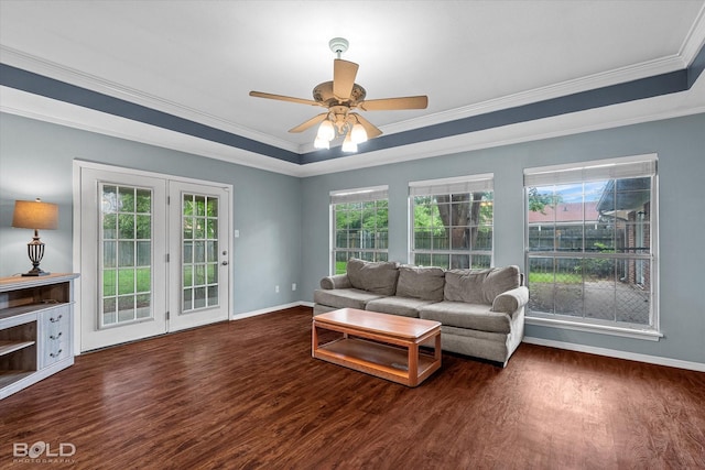 230 Peyton Colquitt Pl, Shreveport, LA 71115 - living room with baseboards, ornamental molding, wood finished floors, and a raised ceiling