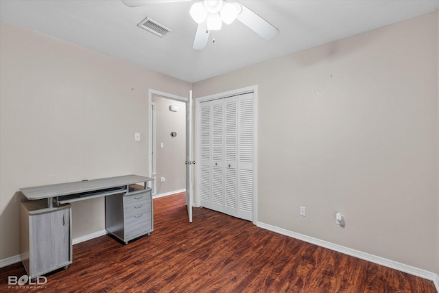 230 Peyton Colquitt Pl, Shreveport, LA 71115 - unfurnished office featuring visible vents, a ceiling fan, baseboards, and dark wood-style floors