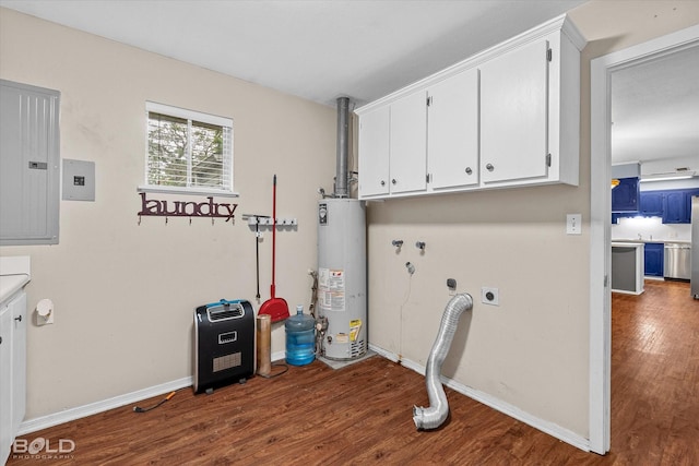 230 Peyton Colquitt Pl, Shreveport, LA 71115 - clothes washing area with electric panel, gas water heater, electric dryer hookup, cabinet space, and wood finished floors