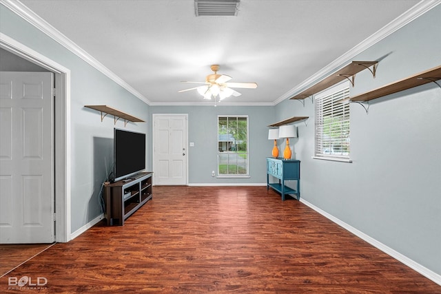 230 Peyton Colquitt Pl, Shreveport, LA 71115 - unfurnished living room with visible vents, crown molding, ceiling fan, and wood finished floors