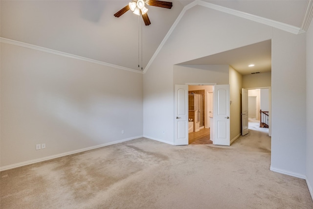 217 Brick Row Dr, Richardson, TX 75081 - empty room with ornamental molding, baseboards, high vaulted ceiling, light colored carpet, and a ceiling fan