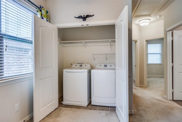 217 Brick Row Dr, Richardson, TX 75081 - laundry area featuring laundry area, light colored carpet, washing machine and dryer, and baseboards