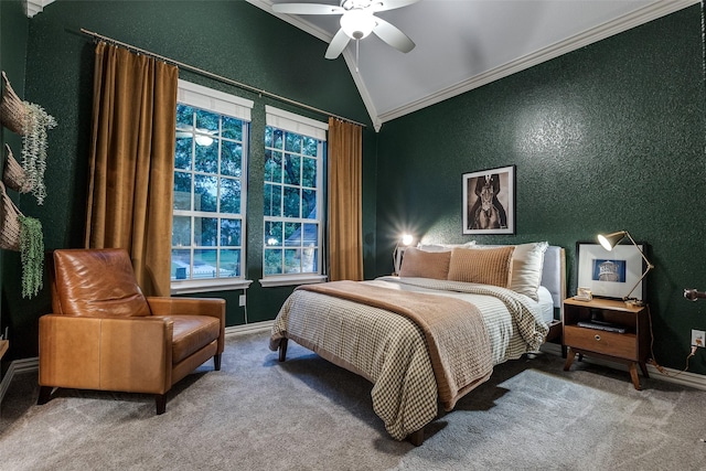 bedroom featuring carpet floors, ornamental molding, a textured wall, lofted ceiling, and a ceiling fan