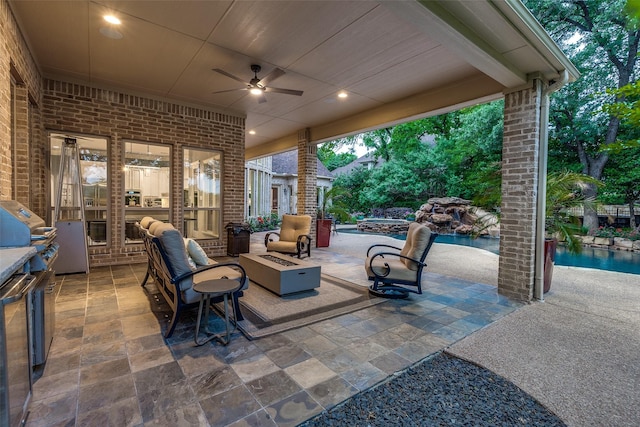 view of patio with an outdoor hangout area, a ceiling fan, grilling area, and an outdoor pool