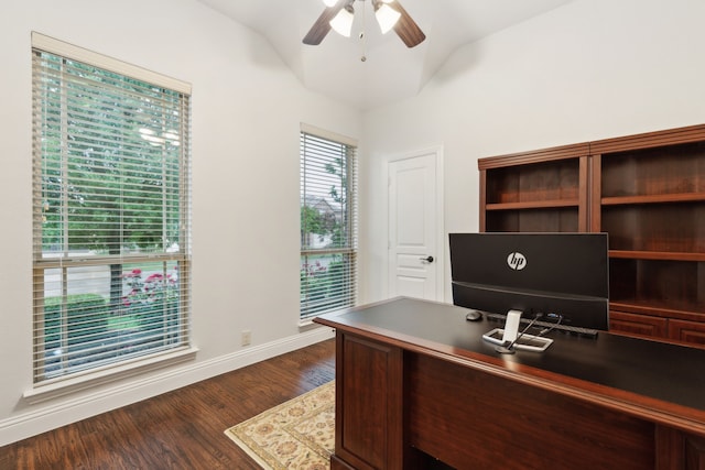 4324 Ashburn Way, Fort Worth, TX 76244 - office area with vaulted ceiling, ceiling fan, dark wood-style floors, and baseboards