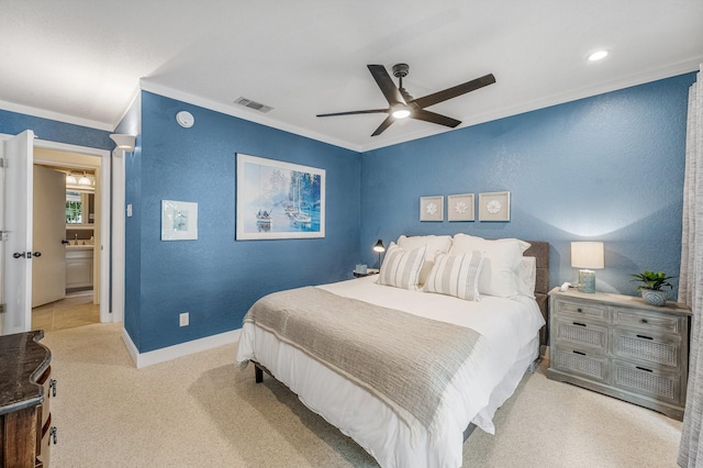 bedroom featuring ceiling fan, visible vents, crown molding, baseboards, and carpet floors