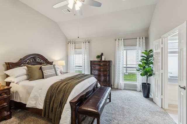 1101 Helmsley Dr, Frisco, TX 75036 - carpeted bedroom featuring ceiling fan, lofted ceiling, and visible vents