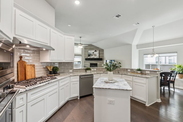 1101 Helmsley Dr, Frisco, TX 75036 - kitchen featuring ceiling fan, visible vents, appliances with stainless steel finishes, a fireplace, and a peninsula