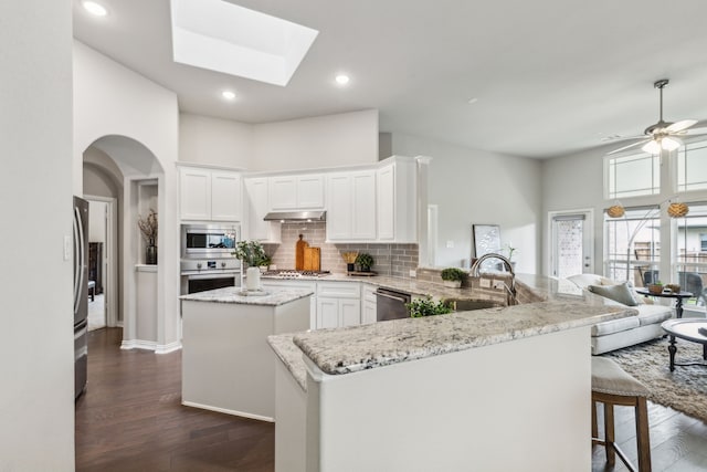 1101 Helmsley Dr, Frisco, TX 75036 - kitchen with dark wood-style flooring, a peninsula, a center island, a sink, and stainless steel appliances