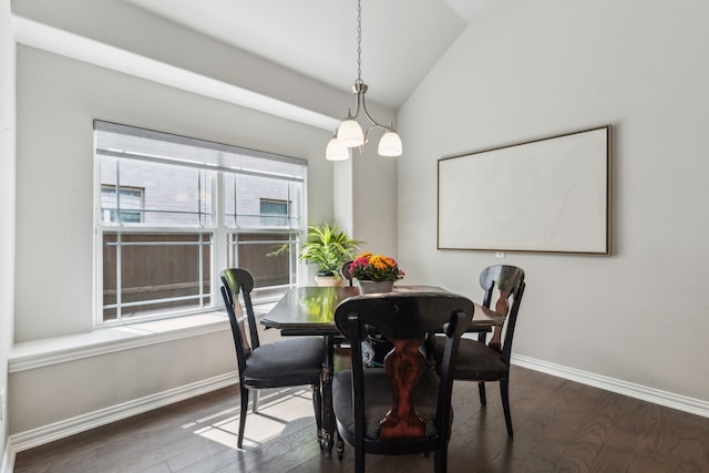 1101 Helmsley Dr, Frisco, TX 75036 - dining space with baseboards, dark wood-style flooring, and lofted ceiling