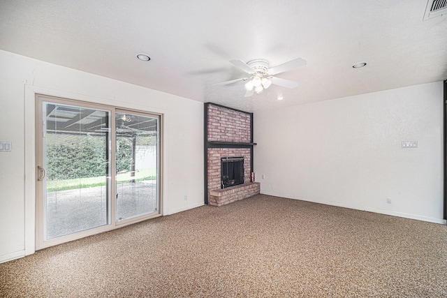 unfurnished living room featuring carpet floors, a ceiling fan, visible vents, and recessed lighting