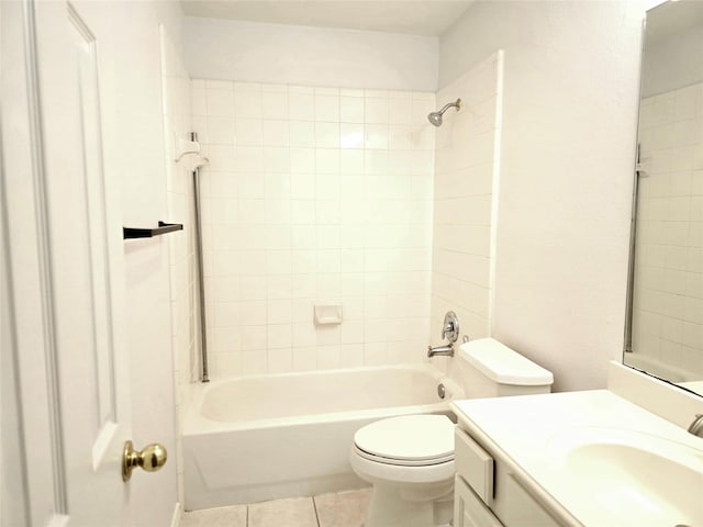 full bathroom featuring tile patterned flooring, shower / bath combination, toilet, and vanity